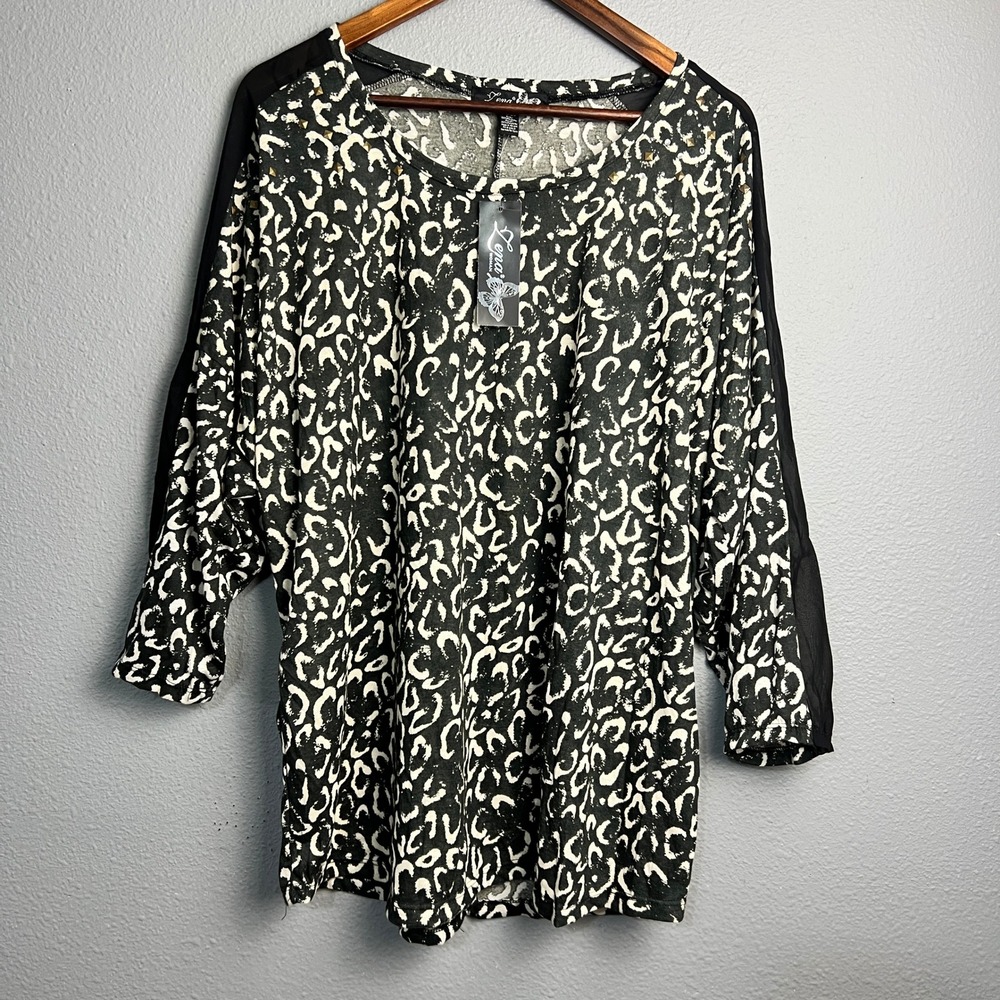 Lena Woman Tunic Top Sheer Sleeve‎ Studded Animal Print Blouse Plus Size 18/20